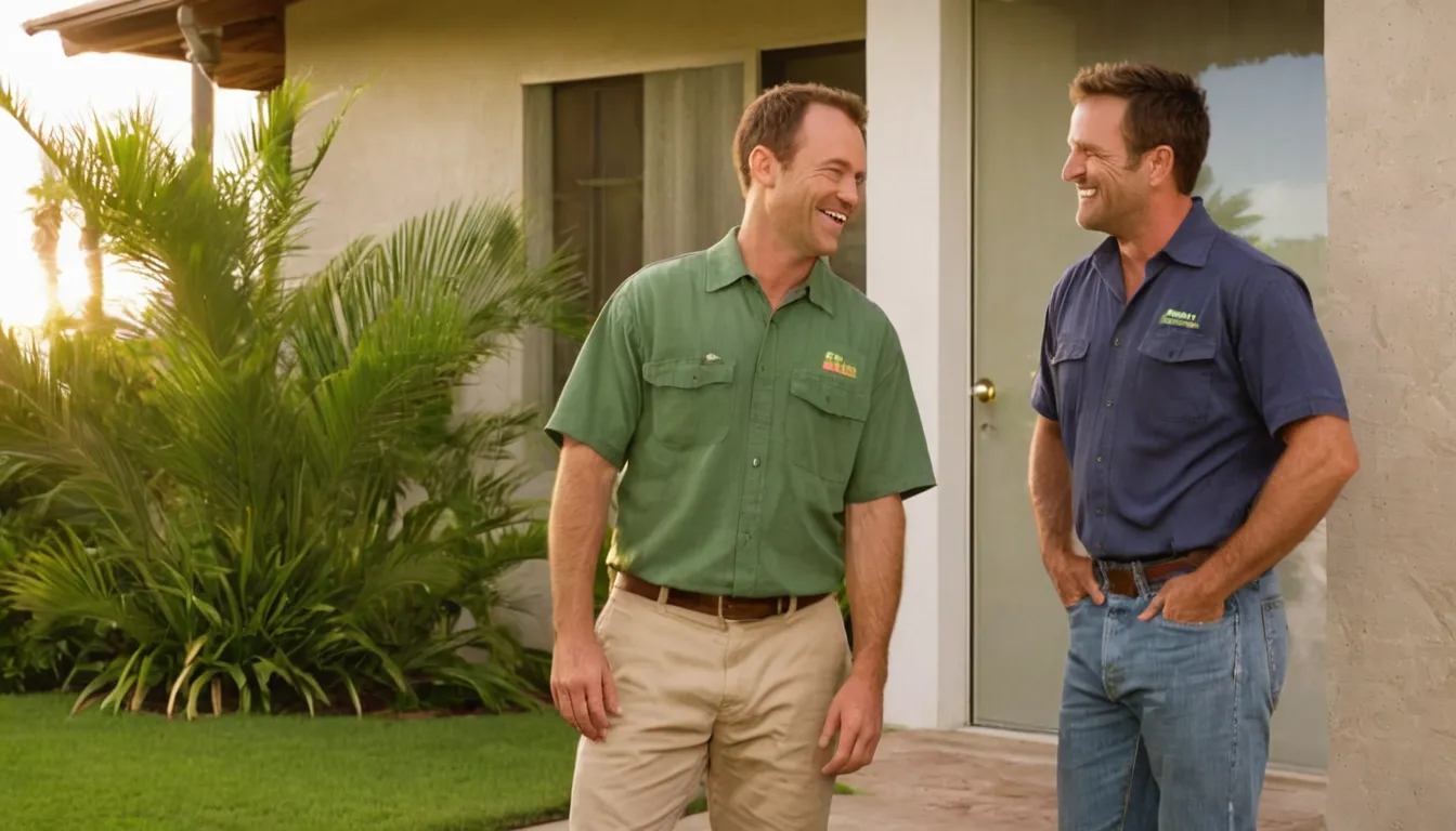 A homeowner talking with a friendly pest control provider at the front door of a block home in Tarpon Springs